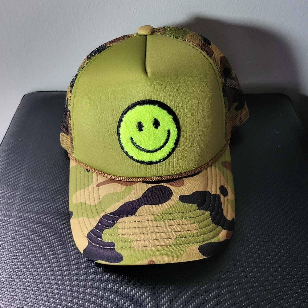 Camouflage Trucker Hat with Smiley Face